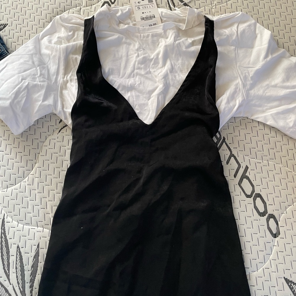 white and black long tie back dress